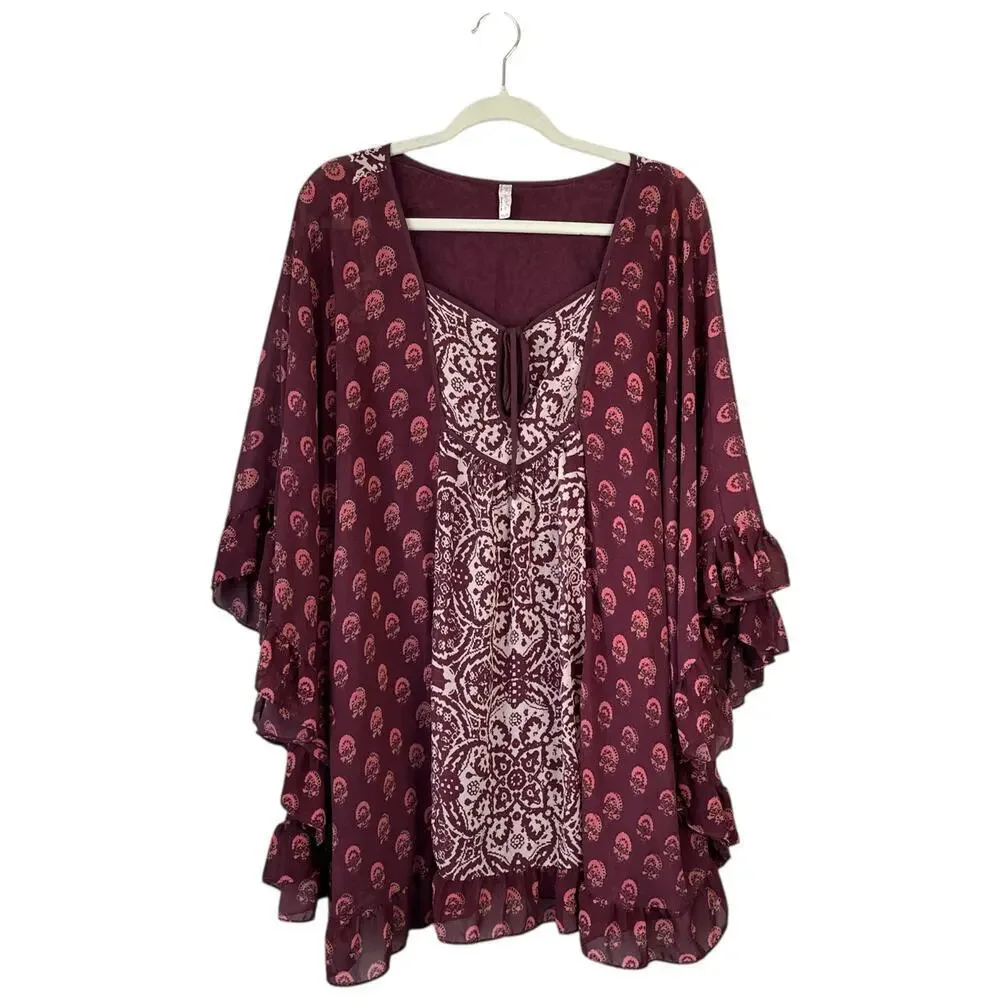 FREE PEOPLE Marla Dreams Dress Wine Red Boho Paisley Pop Flowy Fall Size XS